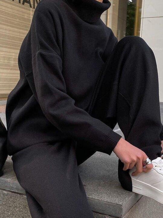 Knitted solid color loose casual suit-thevervian