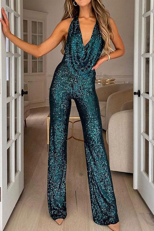 Halter neck sequin party  jumpsuit-thevervian