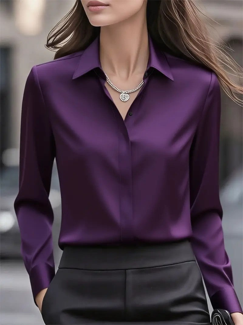 Solid color long-sleeved versatile shirt with lapel satin shirt-thevervian