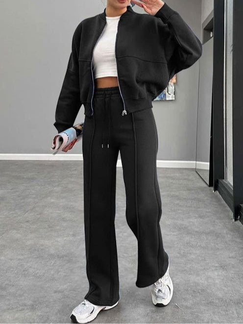 Women's zippered cardigan and straight pants suit-thevervian