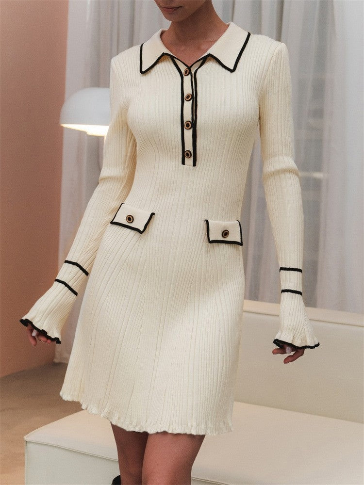Contrast color Chanel style knitted elegant mini dress-thevervian