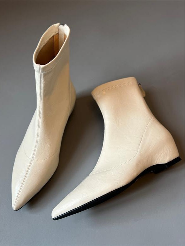 Pointed-toe soft leather stretch boots with back zipper wedge boots-thevervian