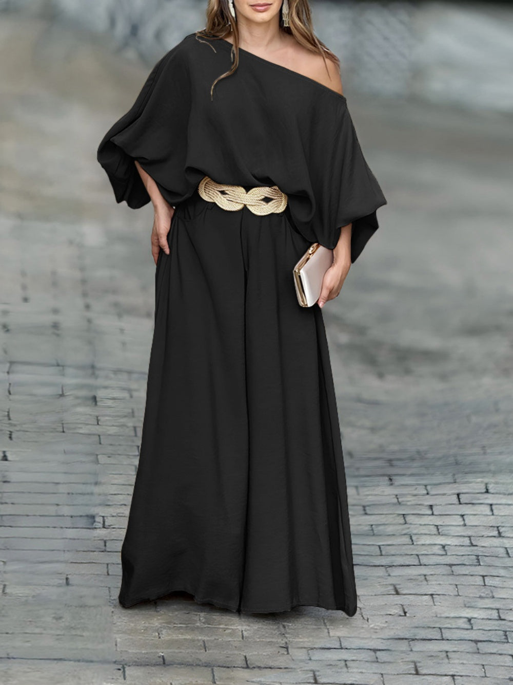 Off-shoulder lantern sleeve loose top and pants set-thevervian