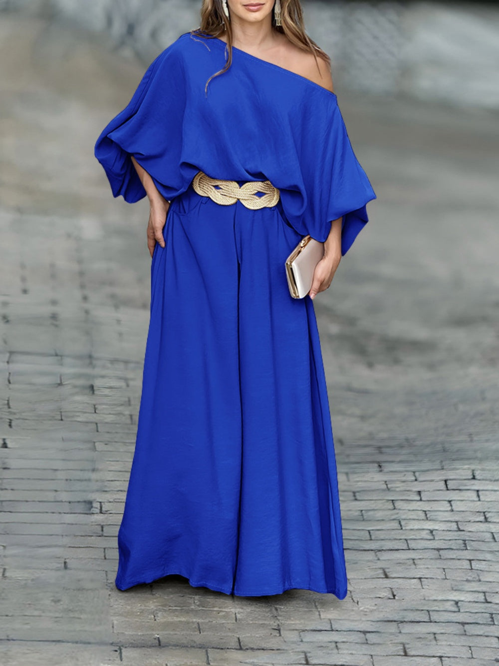 Off-shoulder lantern sleeve loose top and pants set-thevervian