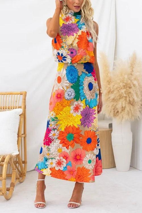 Sleeveless Tie Neck Waisted Floral Print Maxi Dress-thevervian