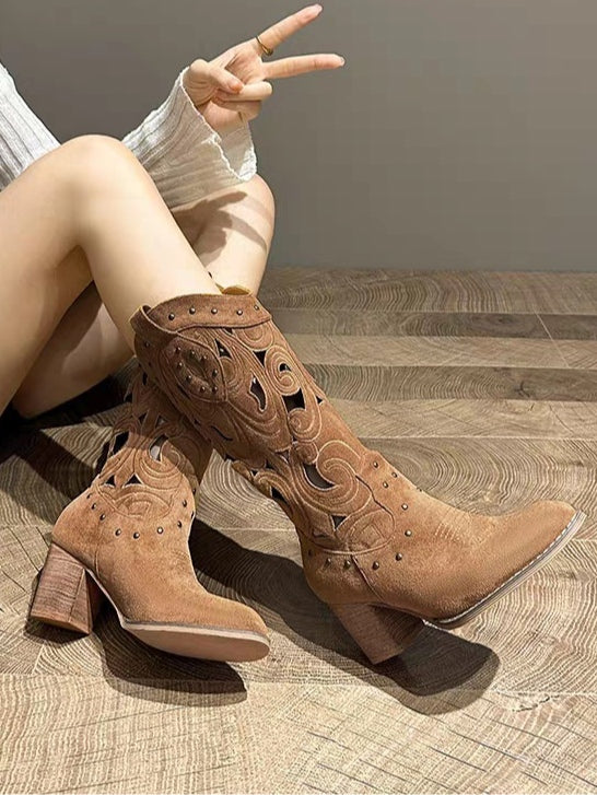 Suede chunky heel embroidered openwork Western boots-thevervian