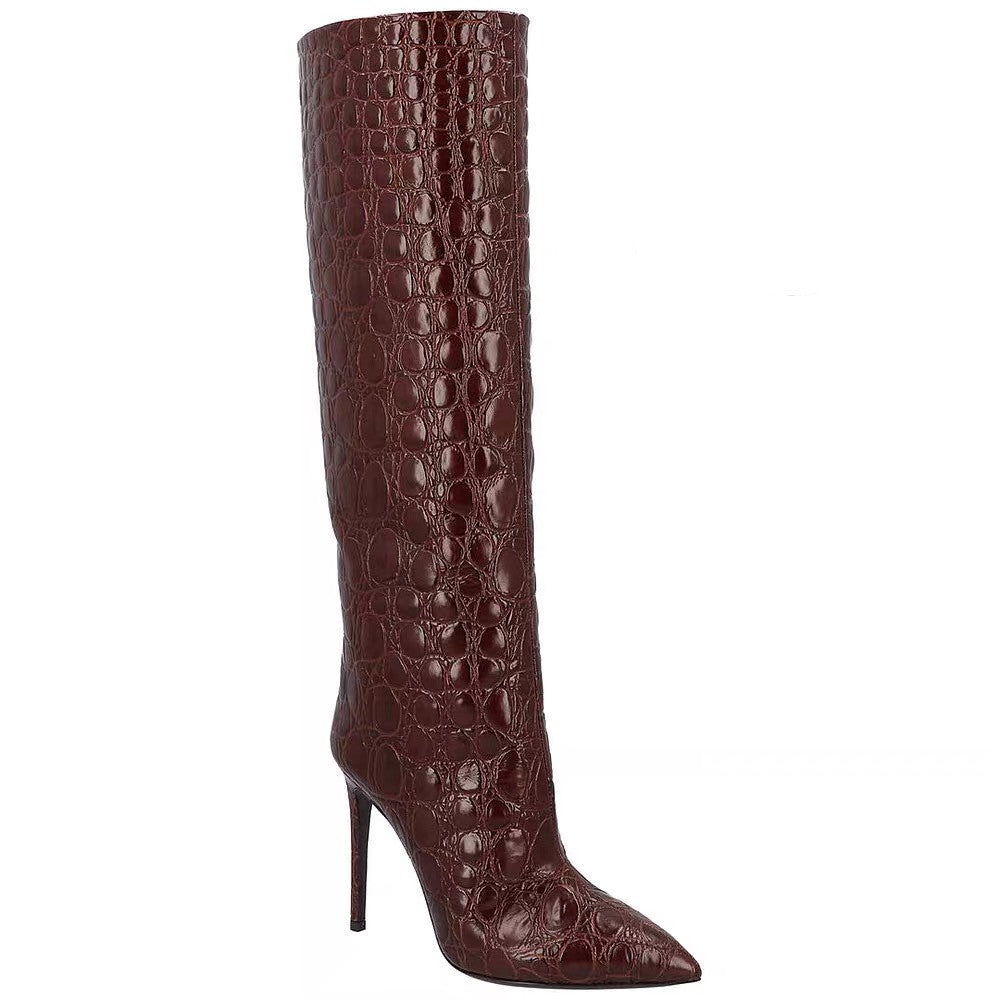 Snake-print high-heeled pointed-toe straight-leg boots-thevervian