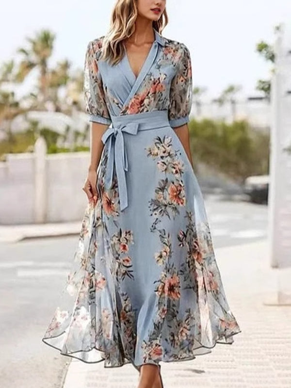 Floral Print V-Neck Short Sleeve Bow Waist Midi Dress-thevervian