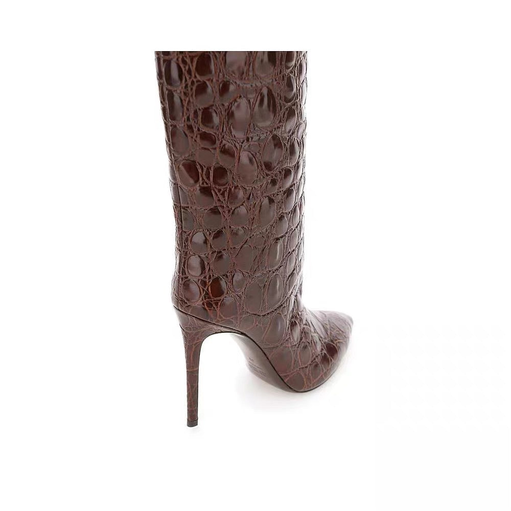 Snake-print high-heeled pointed-toe straight-leg boots-thevervian