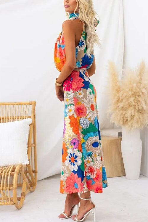 Sleeveless Tie Neck Waisted Floral Print Maxi Dress-thevervian