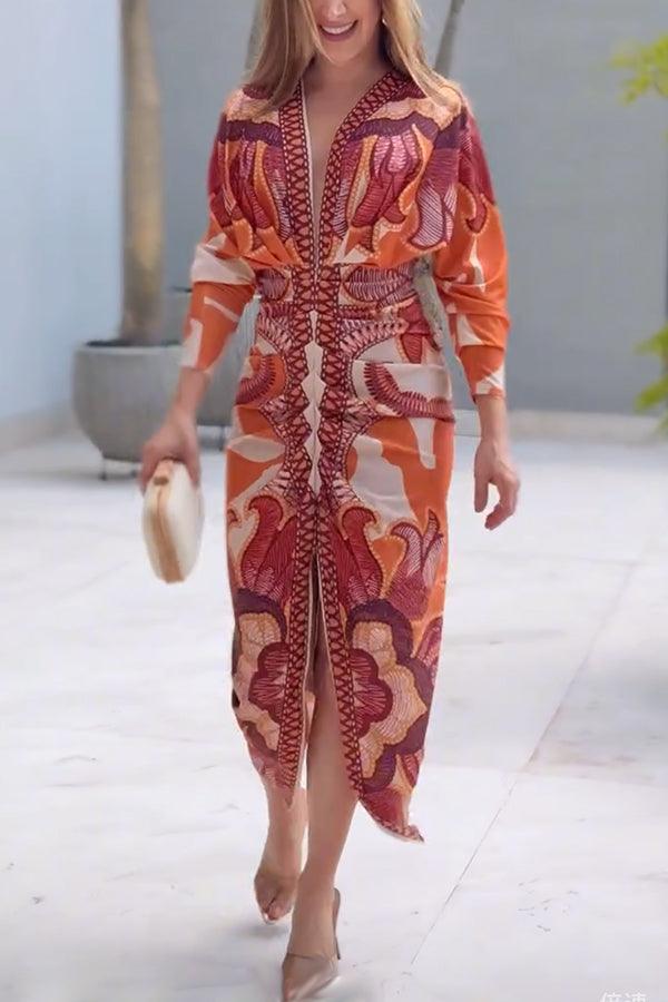 Unique Print Dolman Long Sleeve Ruched Slit Midi Dress-thevervian
