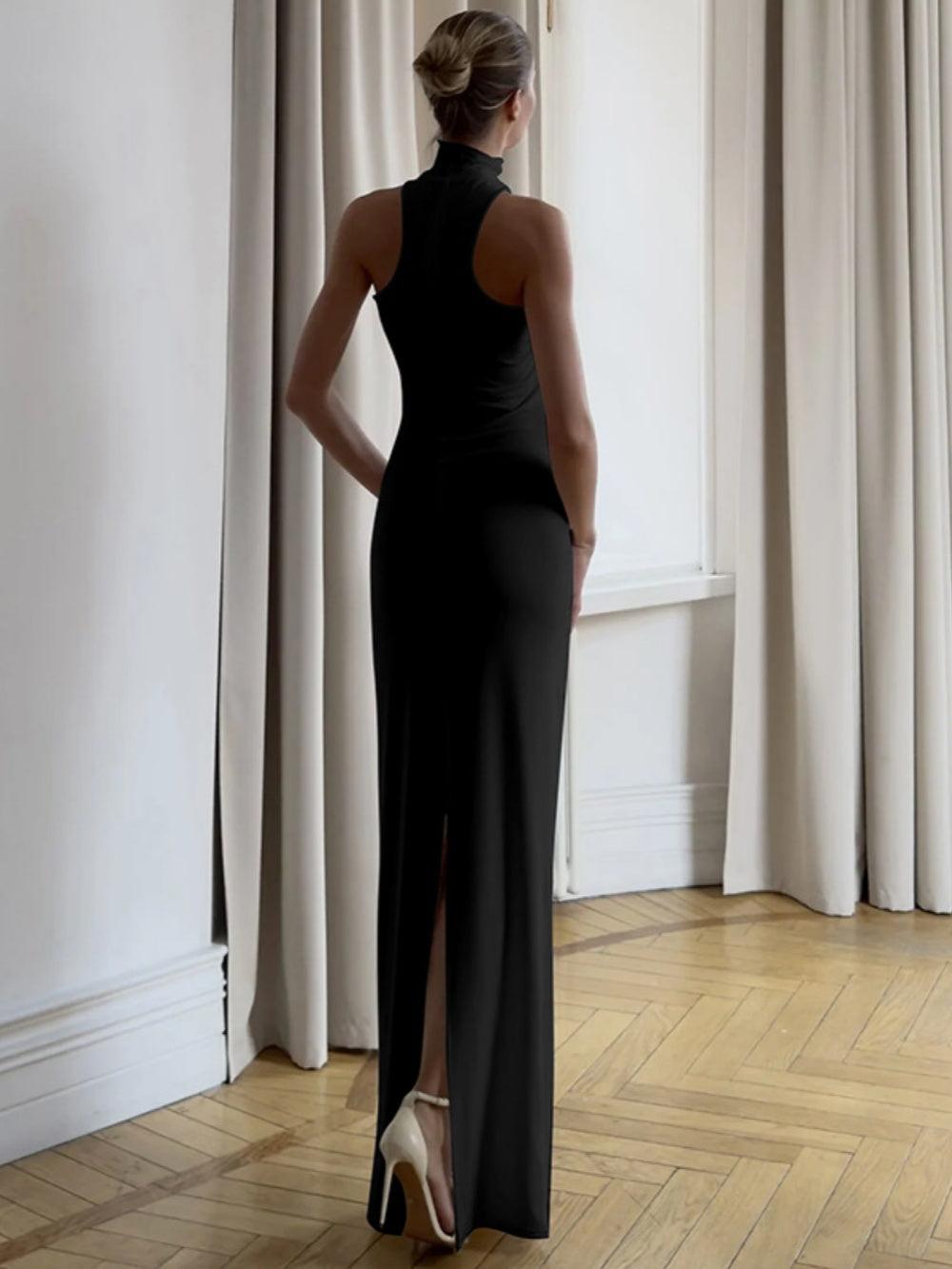 Halter Gold Turtleneck Maxi Dress-thevervian