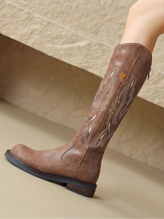 Brown embroidered back zipper long boots-thevervian