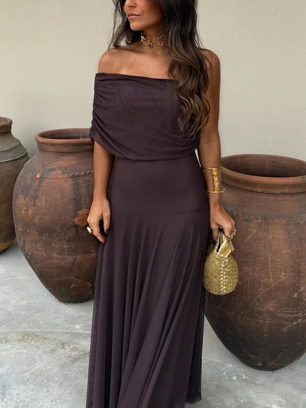 Brown One Shoulder Mesh Maxi Dress-thevervian