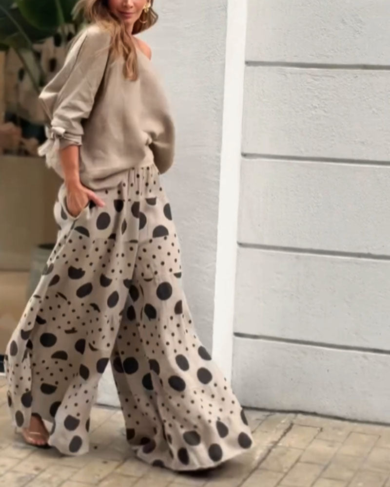 Casual Shoulder Top & Printed Pants Two-Piece Set-thevervian