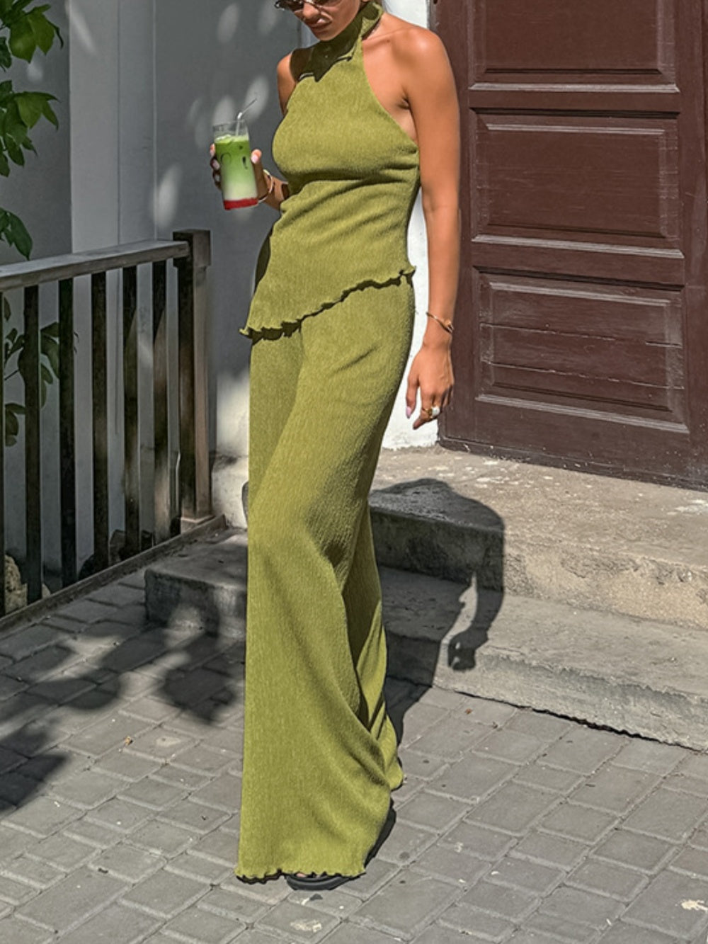 Halter neck pleated textured set-thevervian