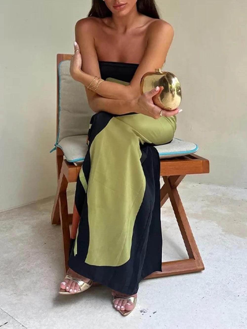 Strapless Color Block Printed Maxi Party Dress-thevervian