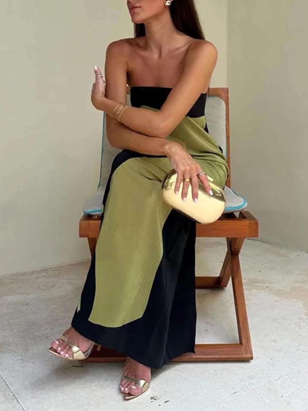 Strapless Color Block Printed Maxi Party Dress-thevervian