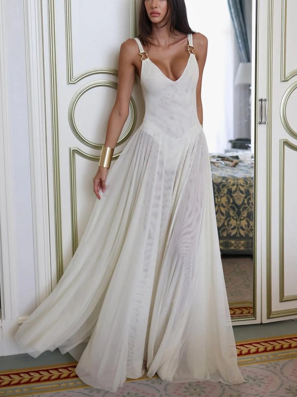 Julie Plunge Neck Semi-sheer Mesh Maxi Dress-thevervian