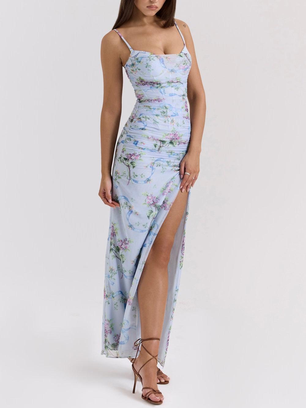 Blue loral print mesh maxi dress-thevervian