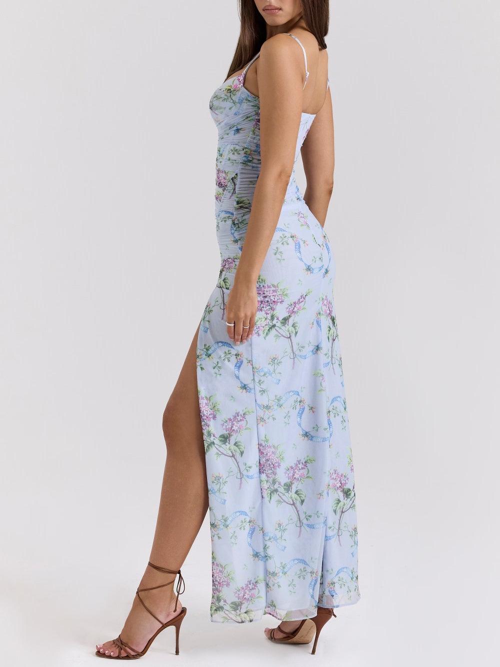 Blue loral print mesh maxi dress-thevervian