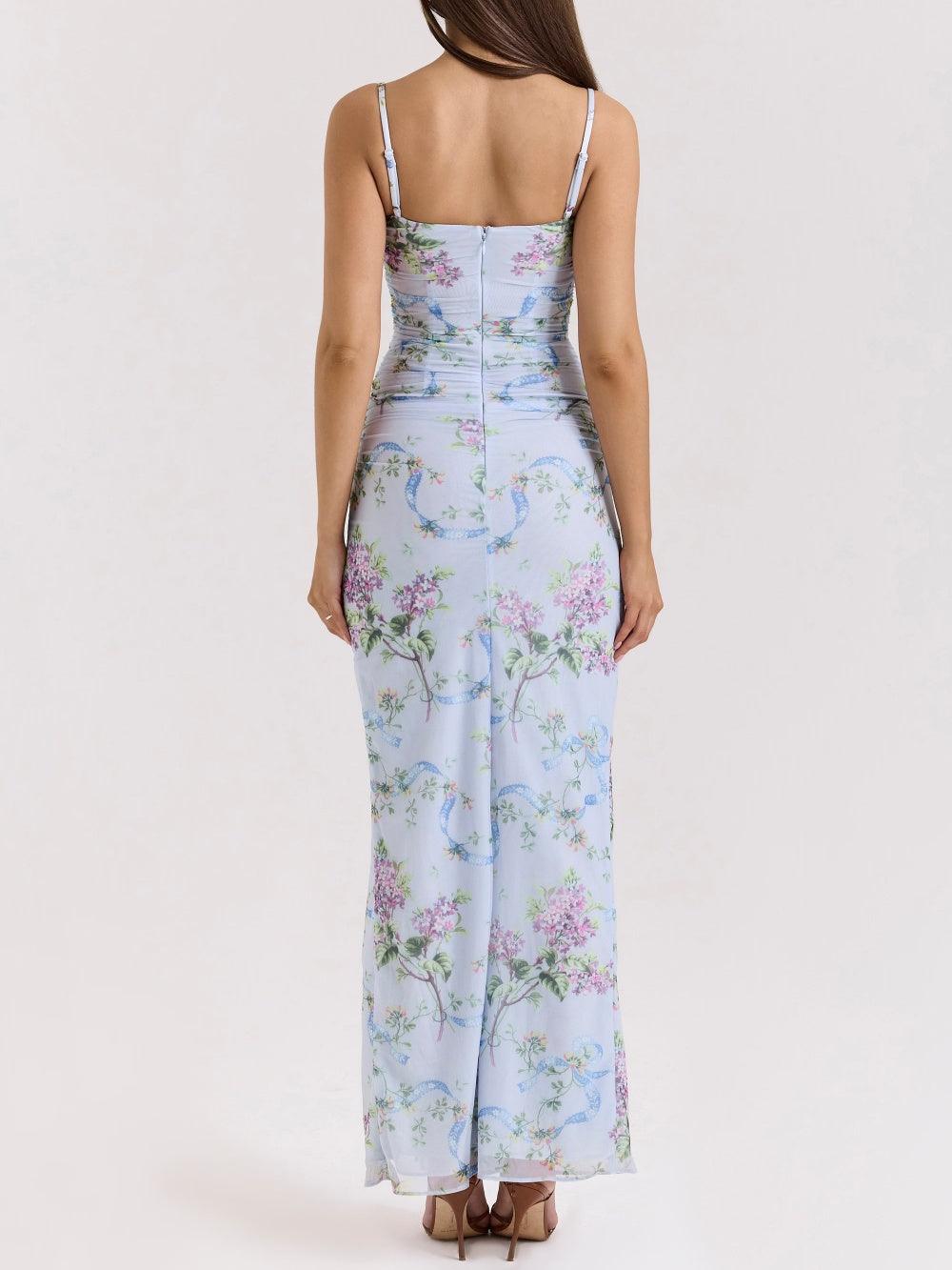 Blue loral print mesh maxi dress-thevervian