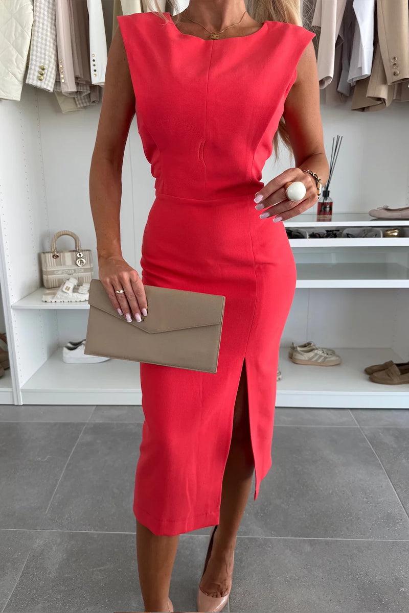 Round Neck Slit Elegant Dress-thevervian