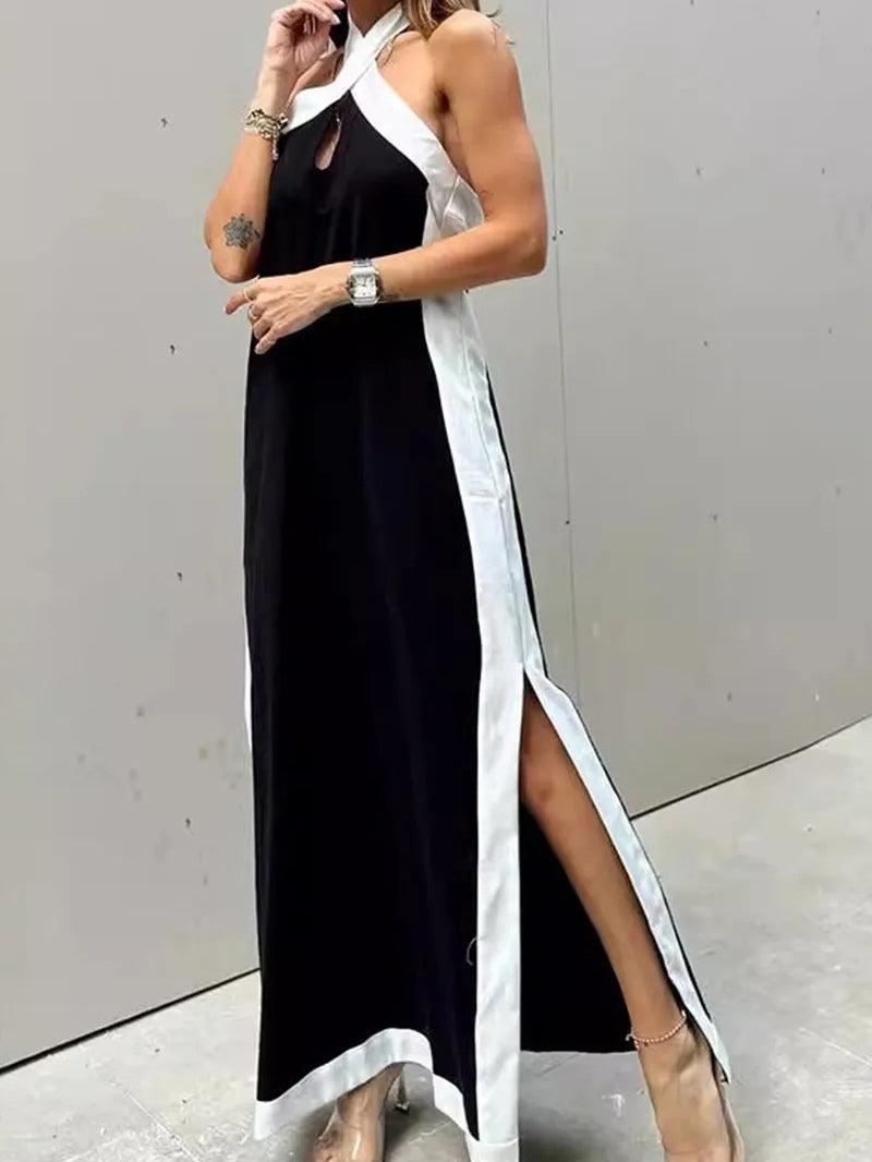 Halter Neck Hollow Slit Maxi Dress-thevervian