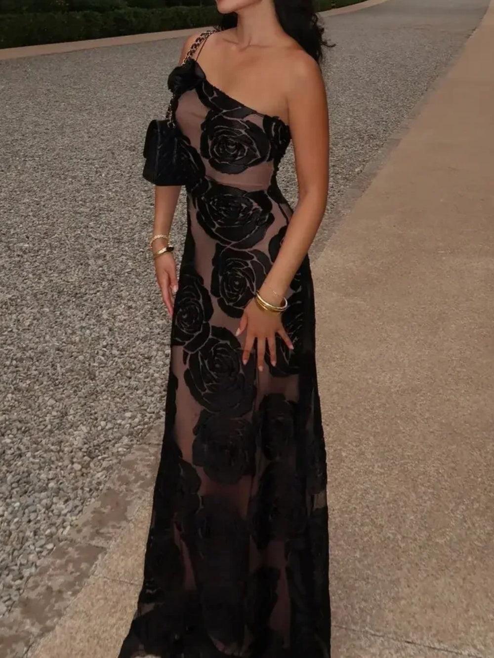 Black Rose Mesh Bodycon Dress-thevervian