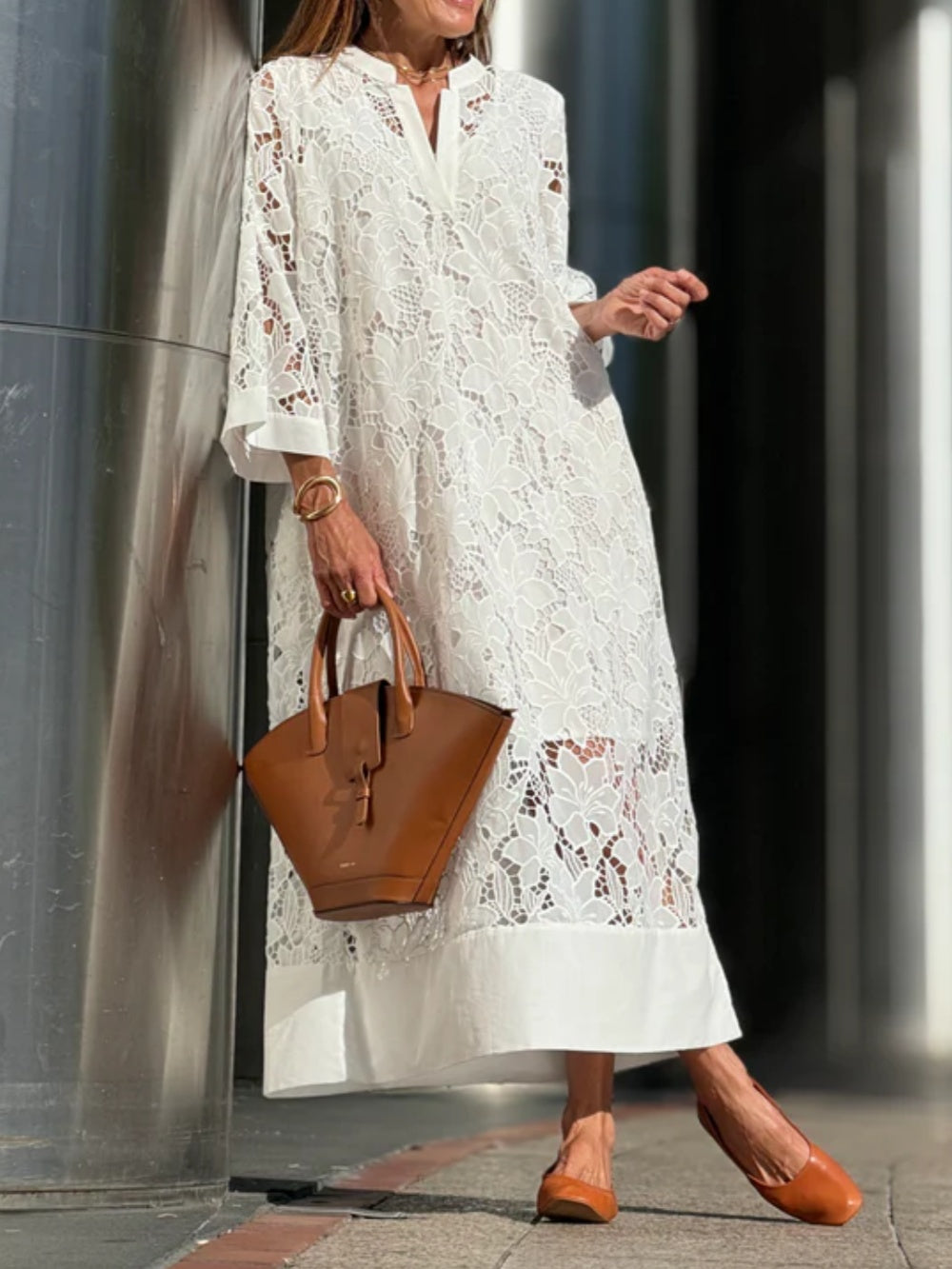 V-neck lace white loose dress-thevervian