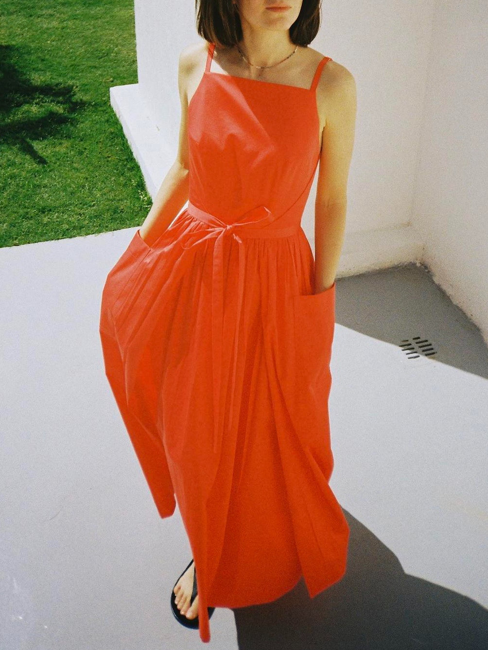 Sun Waist Midi Dress with No Side Seams-thevervian