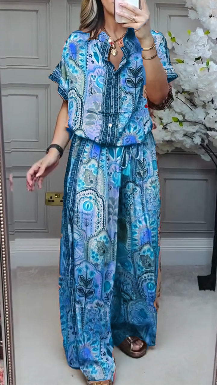 Round Neck Printed Loose Casual Suit-thevervian