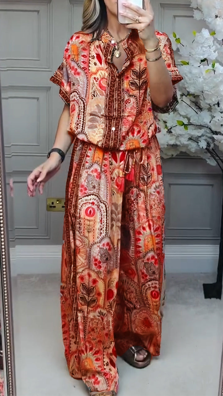 Round Neck Printed Loose Casual Suit-thevervian