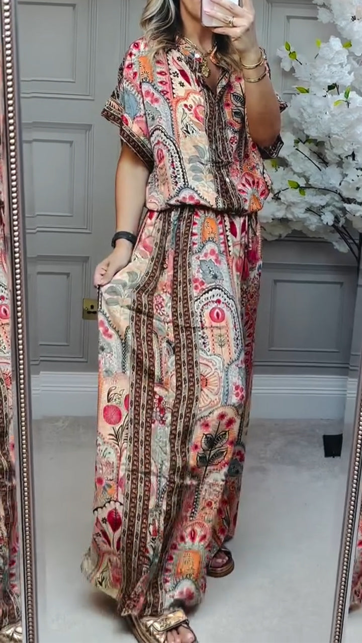 Round Neck Printed Loose Casual Suit-thevervian