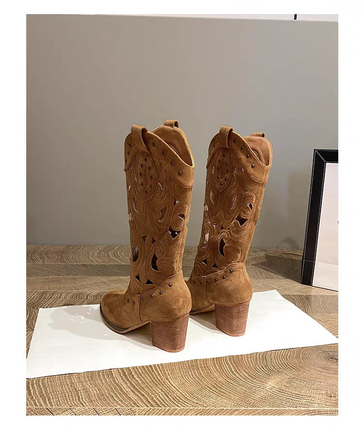 Suede chunky heel embroidered openwork Western boots-thevervian