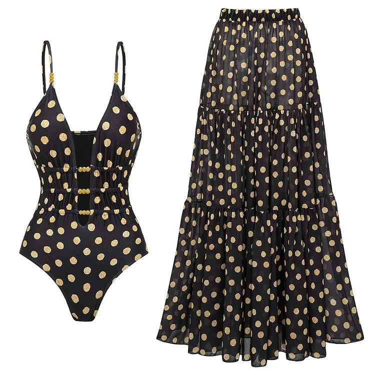 Black and Gold Polka Dots V-neck One Piece Swimsuit and Skirt-thevervian