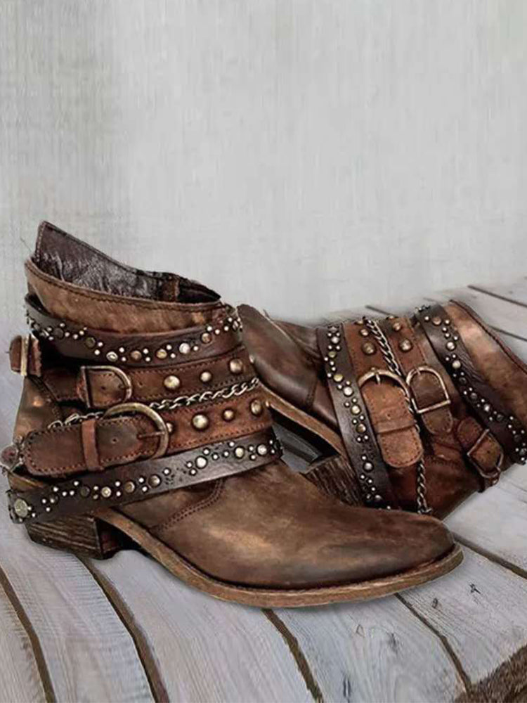 Vintage Washed Studded Buckles Ankle Boots-thevervian