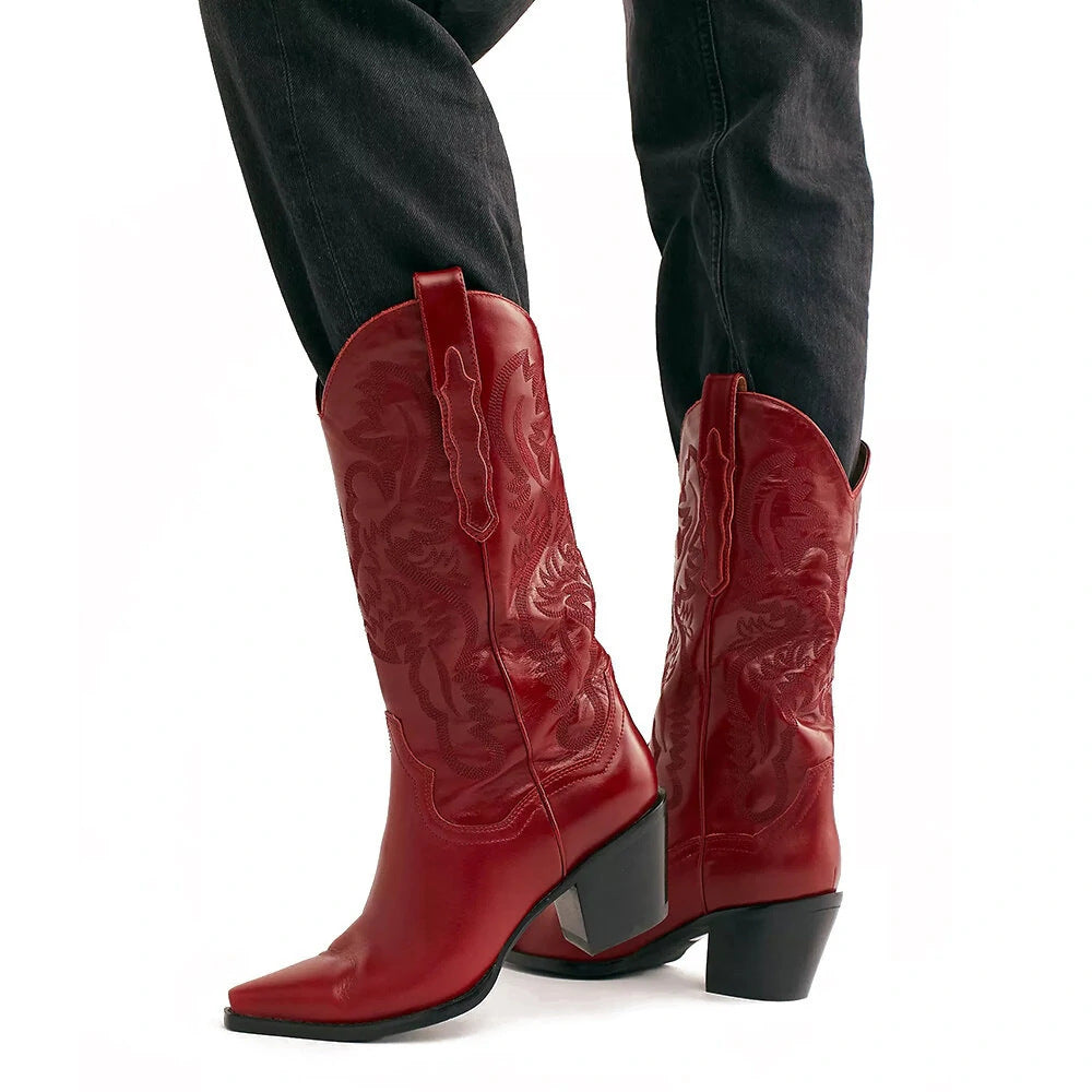 Embroidered Pointed Toe Thick Heel Western Boots-thevervian