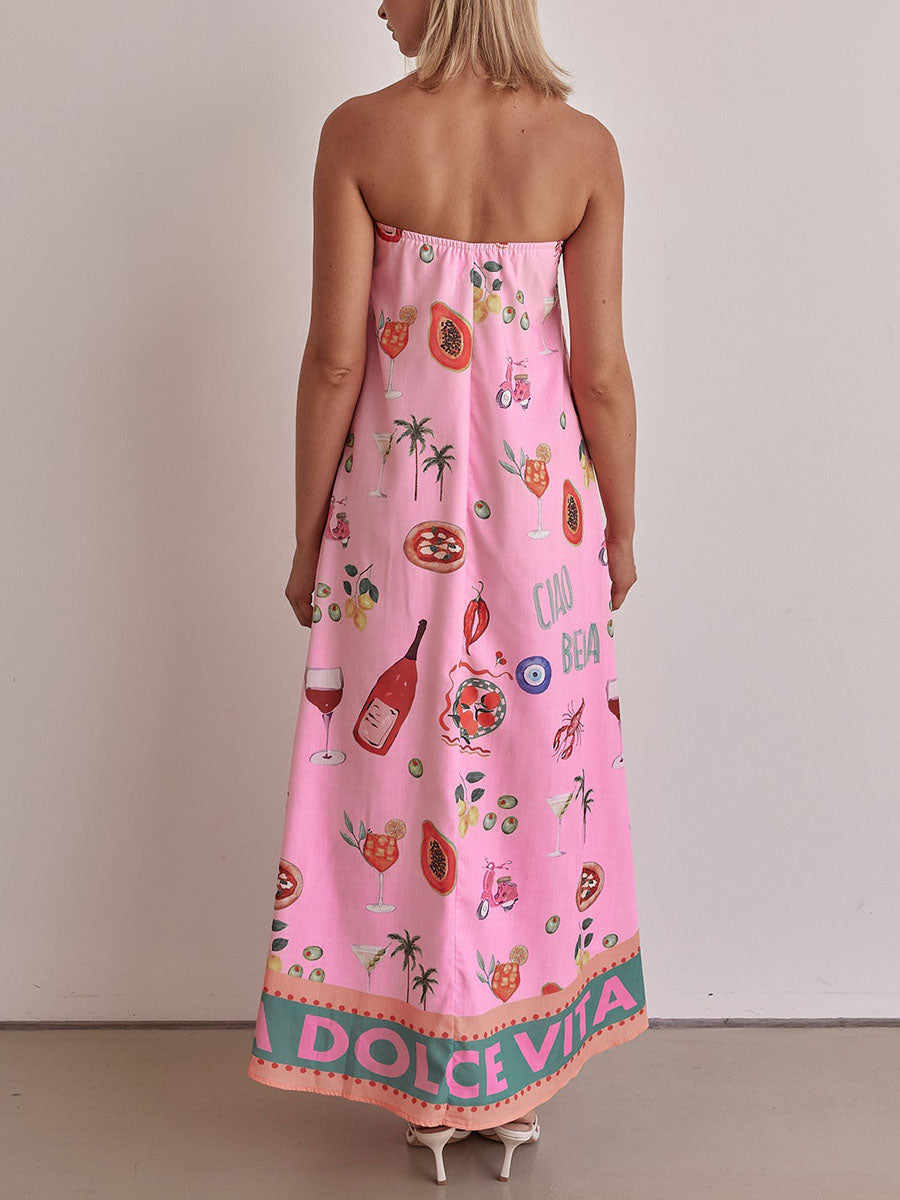 Pink tube top vacation print dress-thevervian