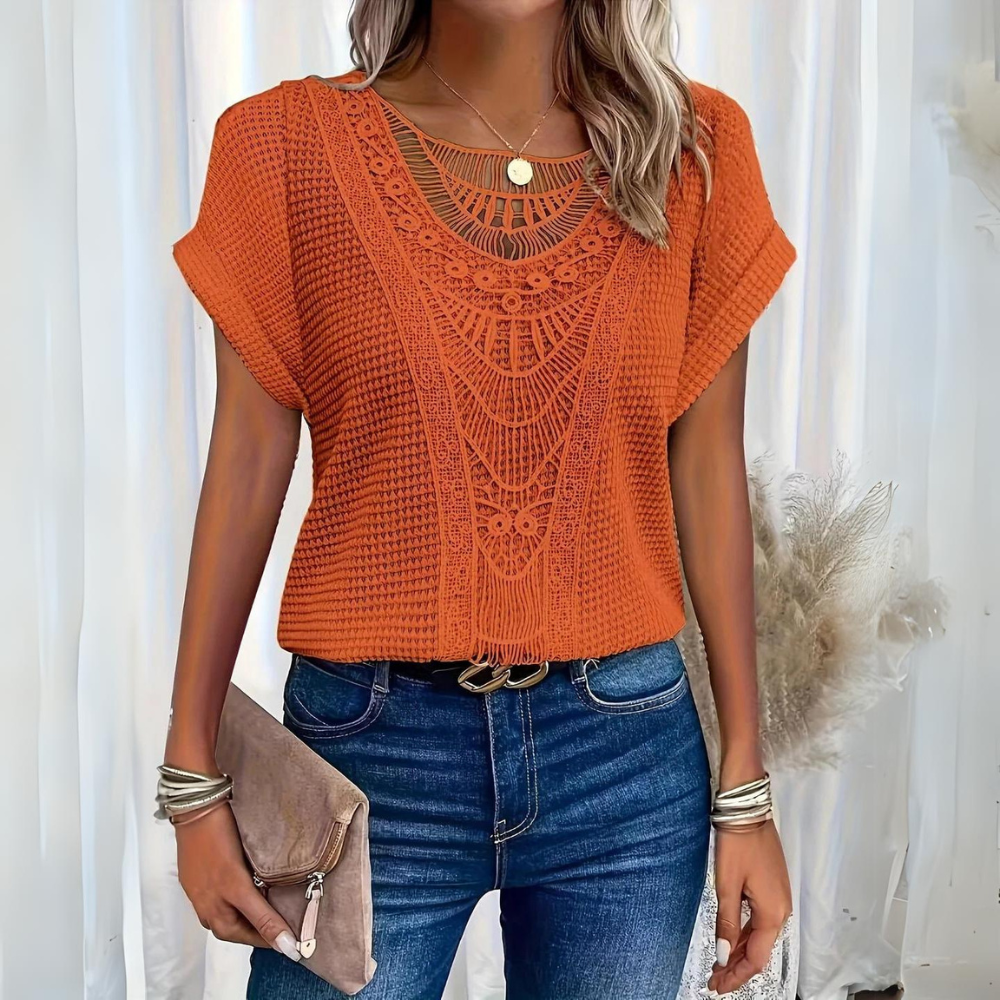 Elegant Lace Patchwork Hollow Short-sleeved Top-thevervian