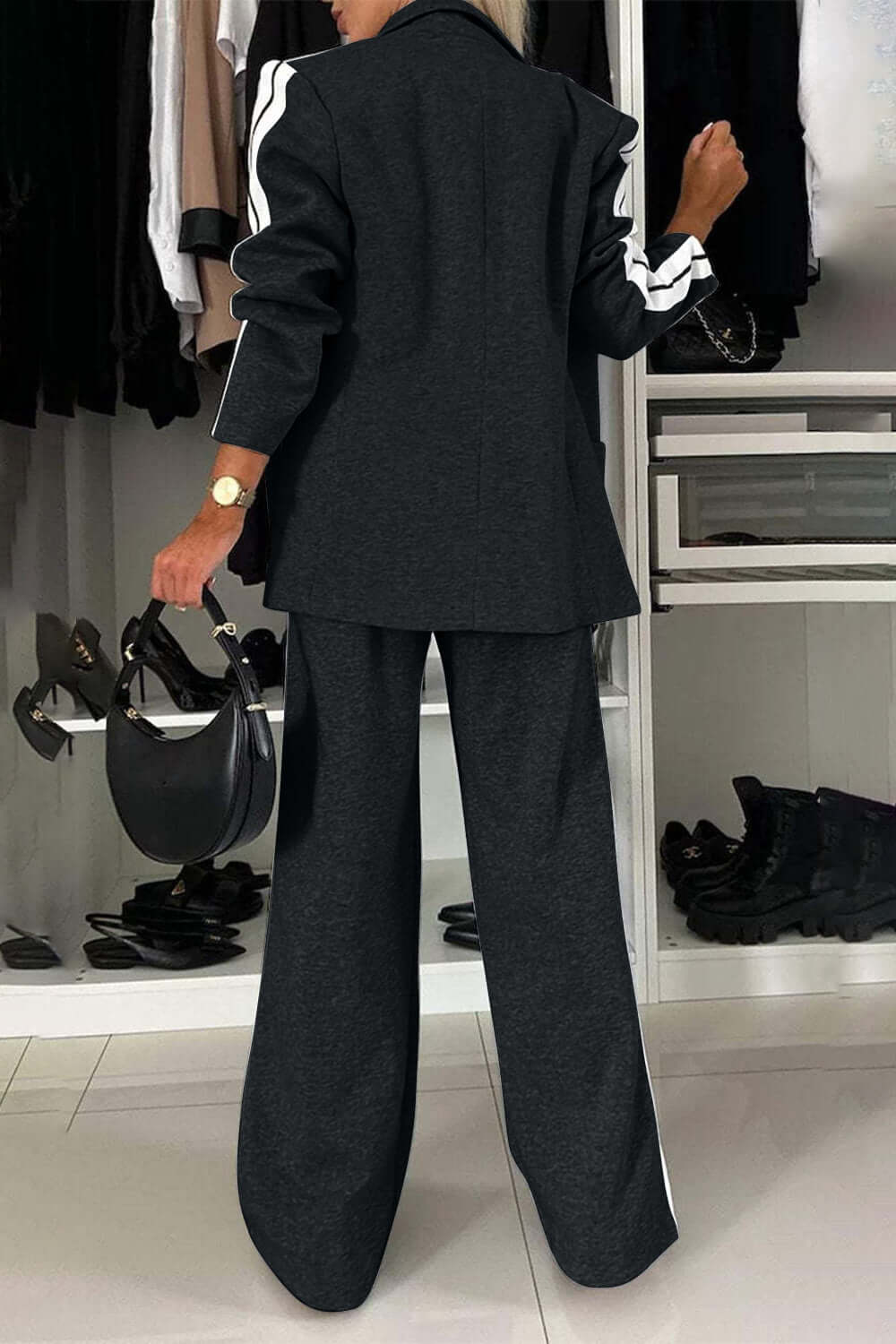 Contrast Lapel Collar Top and Pants Set-thevervian