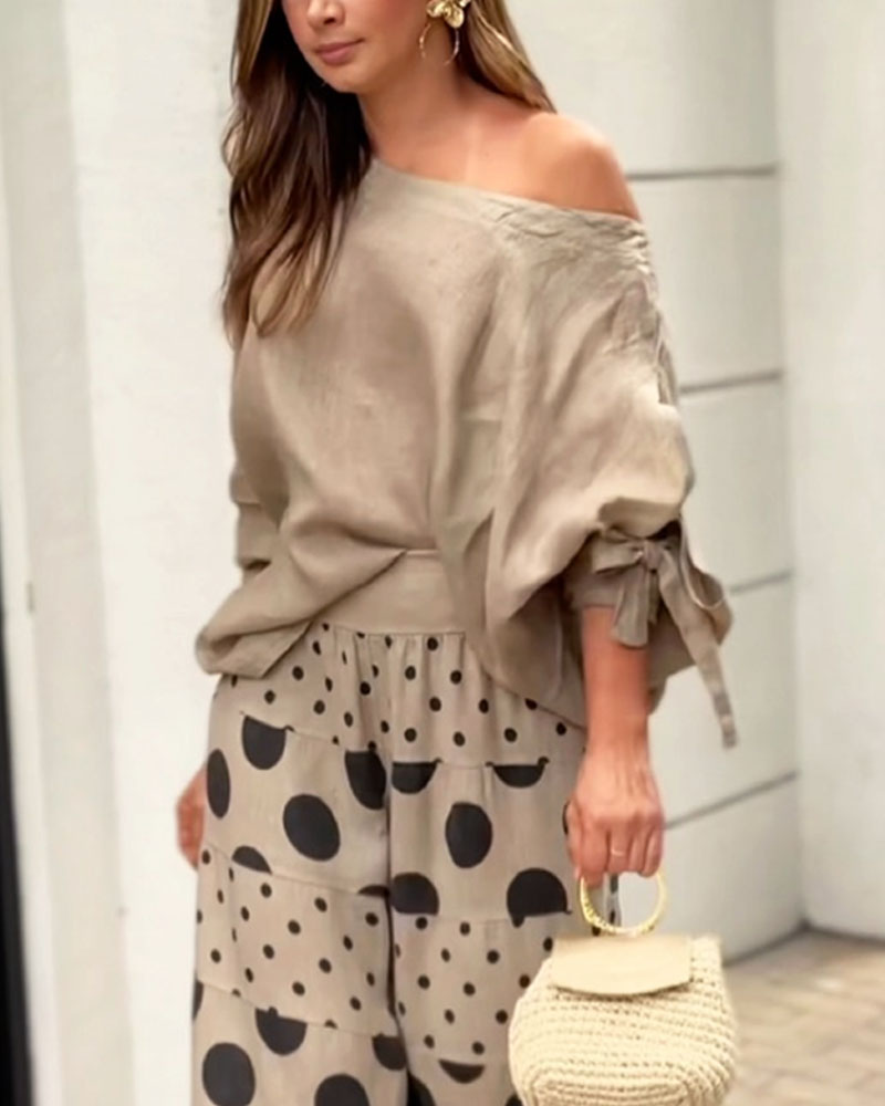 Casual Shoulder Top & Printed Pants Two-Piece Set-thevervian