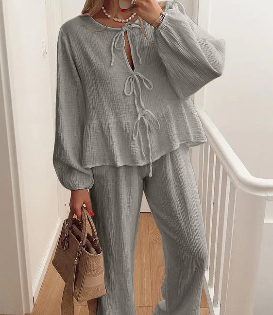 Casual Solid Color Lace-Up Top & Pants Two-Piece Set-thevervian