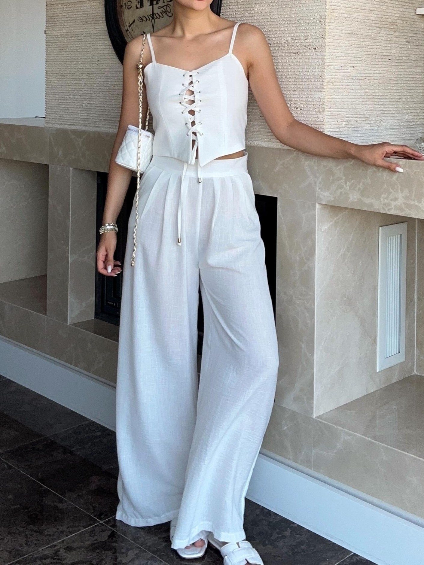 Linen Blend Tie Front Camisole Two-Piece Set-thevervian