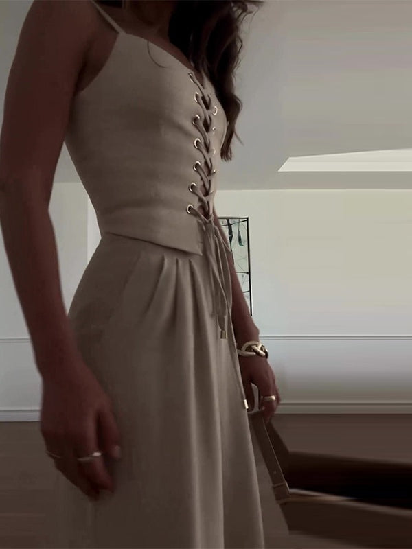 Linen Blend Tie Front Camisole Two-Piece Set-thevervian