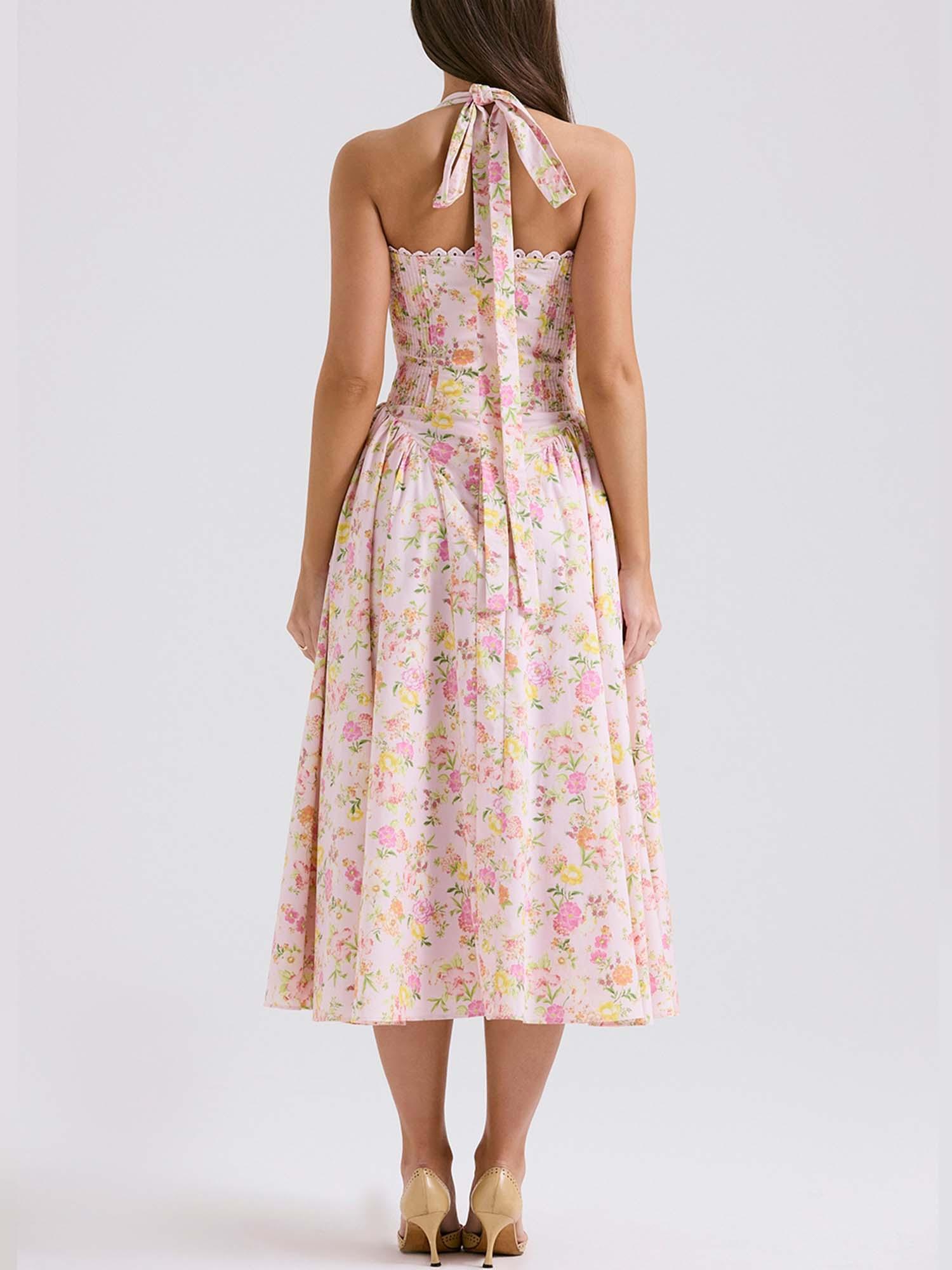 Romantic Floral Corset Midi Dress-thevervian