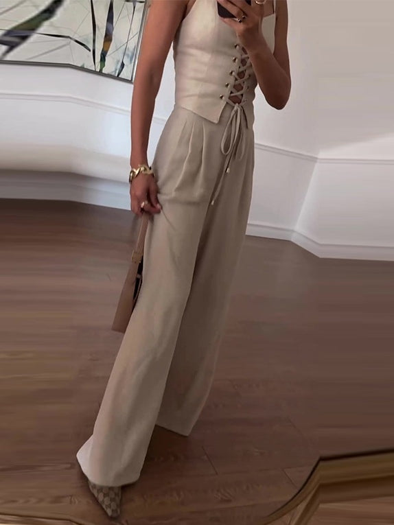 Linen Blend Tie Front Camisole Two-Piece Set-thevervian