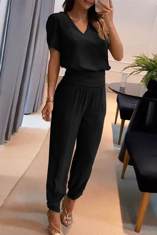 Casual V-Neck Printed Short Sleeve Long Pants Two-Piece Set-thevervian