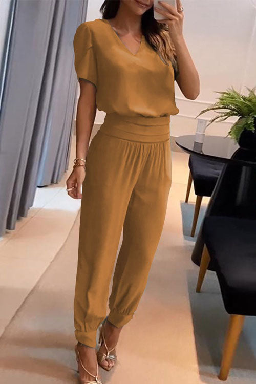 Casual V-Neck Printed Short Sleeve Long Pants Two-Piece Set-thevervian