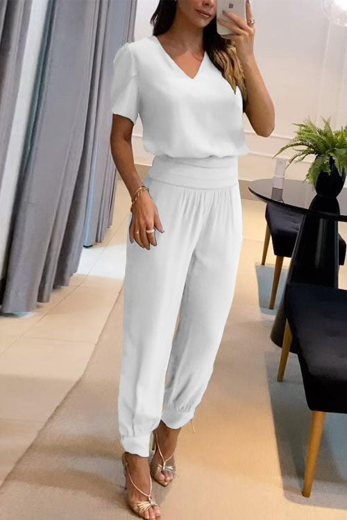 Casual V-Neck Printed Short Sleeve Long Pants Two-Piece Set-thevervian